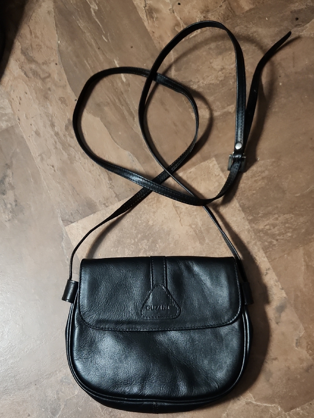 Vintage Small  Black Leather "Guzini"Crossbody Bag with Logo